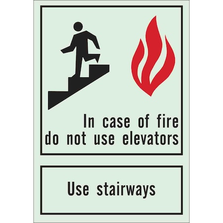 Brady Fire Exit Sign, Plastic, 10" W, 14" H, In Case Of Fire Do Not Use Elevators Use Stairways, White 90780